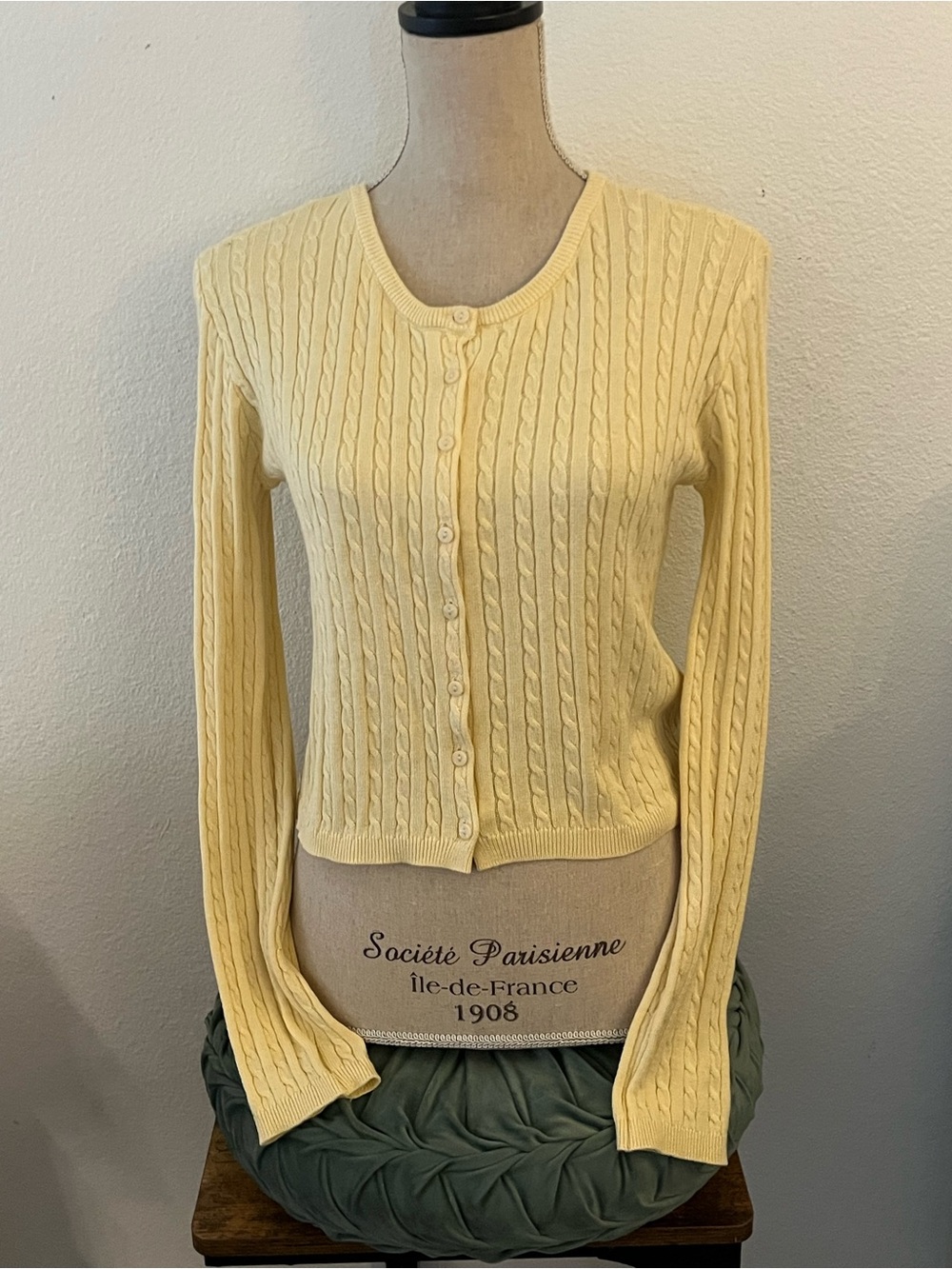 Ultra Flirt Pale Yellow Cable Knit Button-Up Cardigan